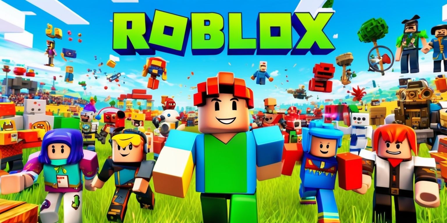A vibrant and detailed digital artwork of a Roblox game scene, featuring a variety of colorful 3D blocky characters and objects, set against a bright and airy background with a clear blue sky, with characters having distinct facial features and unique accessories, and the game's logo prominently displayed in a bold, pixelated font with a bright green and blue color scheme, the entire scene is filled with lively visuals and dynamic textures, with a sense of excitement and adventure, the layout is busy but well-framed, with a focus on the central characters and action, the overall style is reminiscent of the game's signature aesthetic, with a mix of futuristic and fantastical elements, and a general atmosphere of fun and creativity.