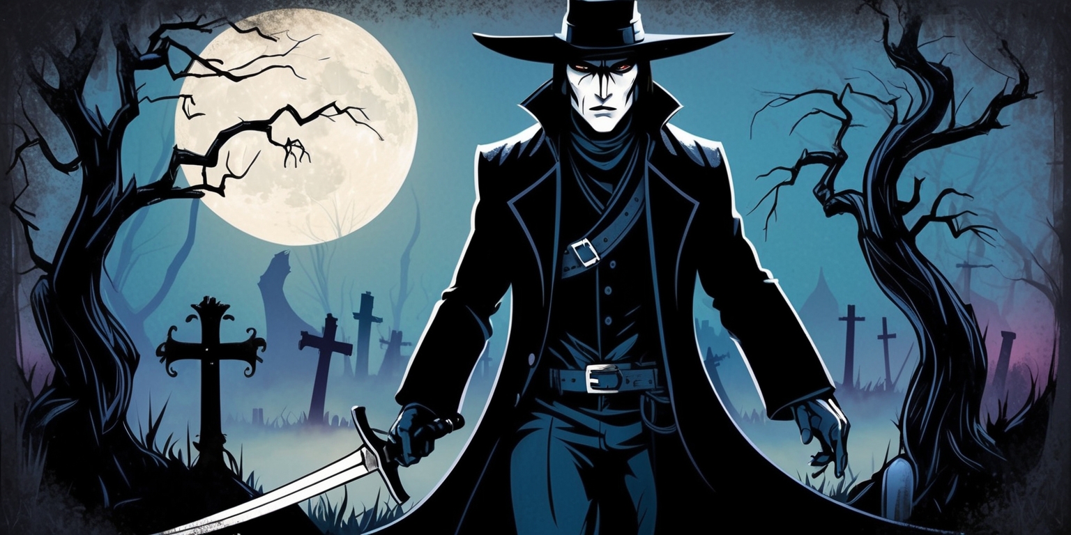 A dark, gothic-inspired illustration featuring Vampire Hunter D, a stoic and mysterious figure with piercing eyes, sharp facial features, and jet-black hair, dressed in a long, dark-colored duster coat with a wide-brimmed hat and armed with a sword, set against a hauntingly beautiful, moonlit landscape with subtle, eerie mist and twisted, gnarled trees, reminiscent of a creepy, abandoned cemetery, with a subtle, gradient background that transitions from deep blues to dark purples, evoking a sense of foreboding and mystery, with bold, expressive lines and intricate details, capturing the essence of the iconic book series, with a subtle, worn, vintage texture to give it an aged, retro feel.