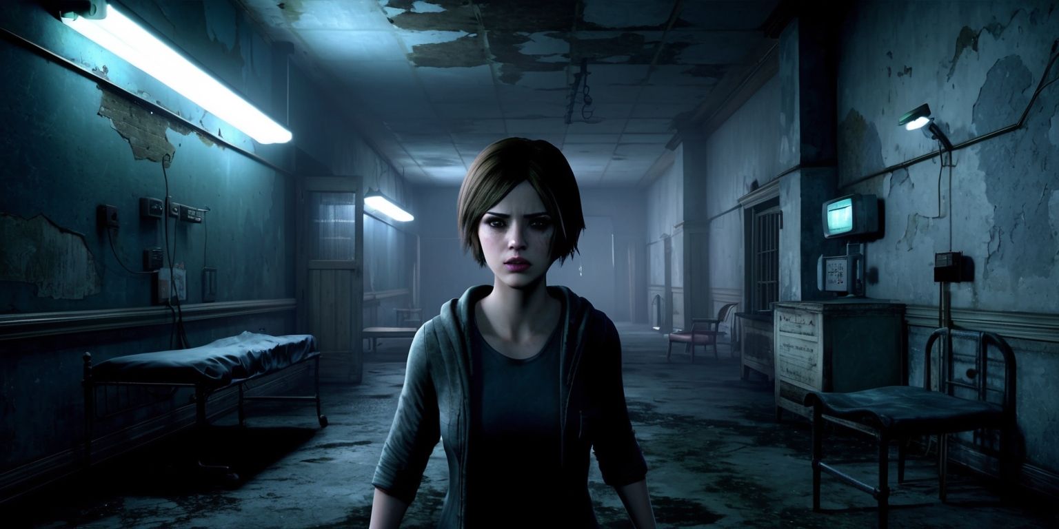 A dark and eerie survival horror game scene with a lone protagonist, a young woman with a determined expression, short brown hair, and a pale complexion, navigating through a creepy abandoned asylum with peeling walls, flickering fluorescent lights, and old medical equipment, the atmosphere is tense and foreboding, with a sense of impending doom, the color palette is muted and ominous, with shades of grey, blue, and purple dominating the scene, the overall style is reminiscent of classic horror games, with a focus on atmospheric tension and jump scares, the layout is claustrophobic, with narrow corridors and cramped rooms, and the framing is tight, with the protagonist centered in the shot, emphasizing her vulnerability and fear.