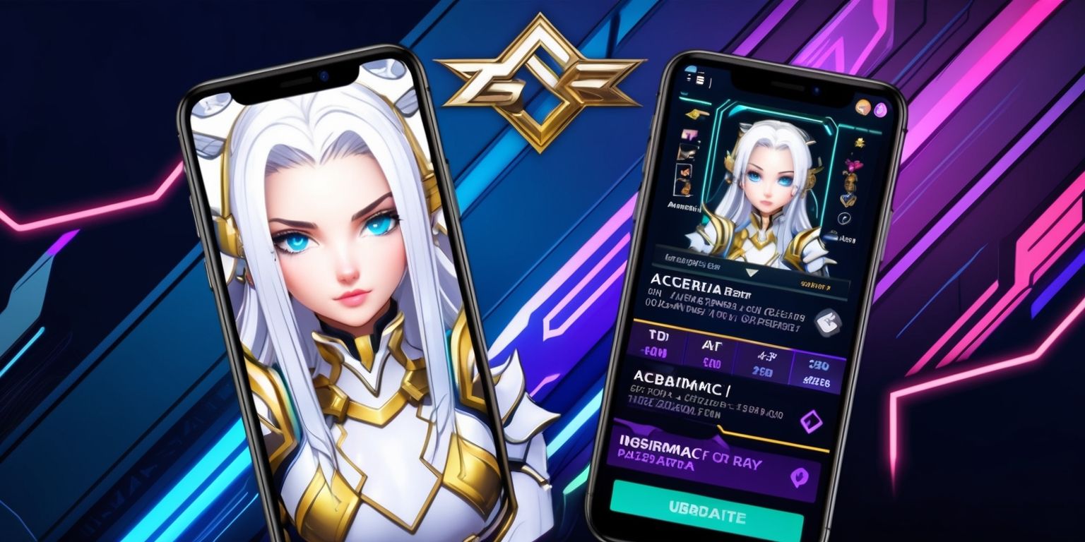 A colorful digital illustration of a mobile gacha game update screenshot on a smartphone screen, featuring a prominent female character with long silver hair, piercing blue eyes, and pale skin, dressed in a futuristic white and gold armor set, with intricate details and accessories, set against a dark blue and purple gradient background with neon accents, the character's unique abilities and stats are displayed in a sleek, modern font with golden and pink highlights, with menus and tabs showing the ascendancy process, upgrade system, and strategic gameplay implications, the overall design is futuristic and anime-inspired with sharp lines, bold colors, and dynamic composition, the smartphone screen is adorned with a few app icons and a notification bar at the top, with the game's logo, a stylized letter combination in bold, metallic font, centered at the top of the screen.