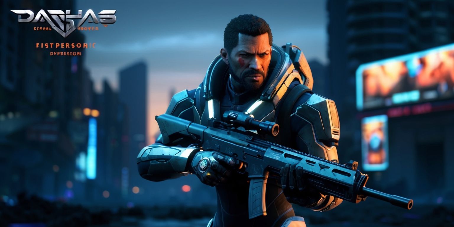 A futuristic first-person shooter game screenshot with a dark and gritty atmosphere, set in a dystopian cityscape at dusk, featuring a protagonist with a determined expression, strong facial features, and a rugged complexion, wearing a high-tech exosuit with metallic accents, holding a sleek and powerful rifle, with a blurred background of ruined skyscrapers, neon lights, and holographic advertisements, in a cinematic widescreen layout with a shallow depth of field, and a color palette of deep blues and oranges, with bold, metallic typography displaying the game's logo and title in the top left corner.