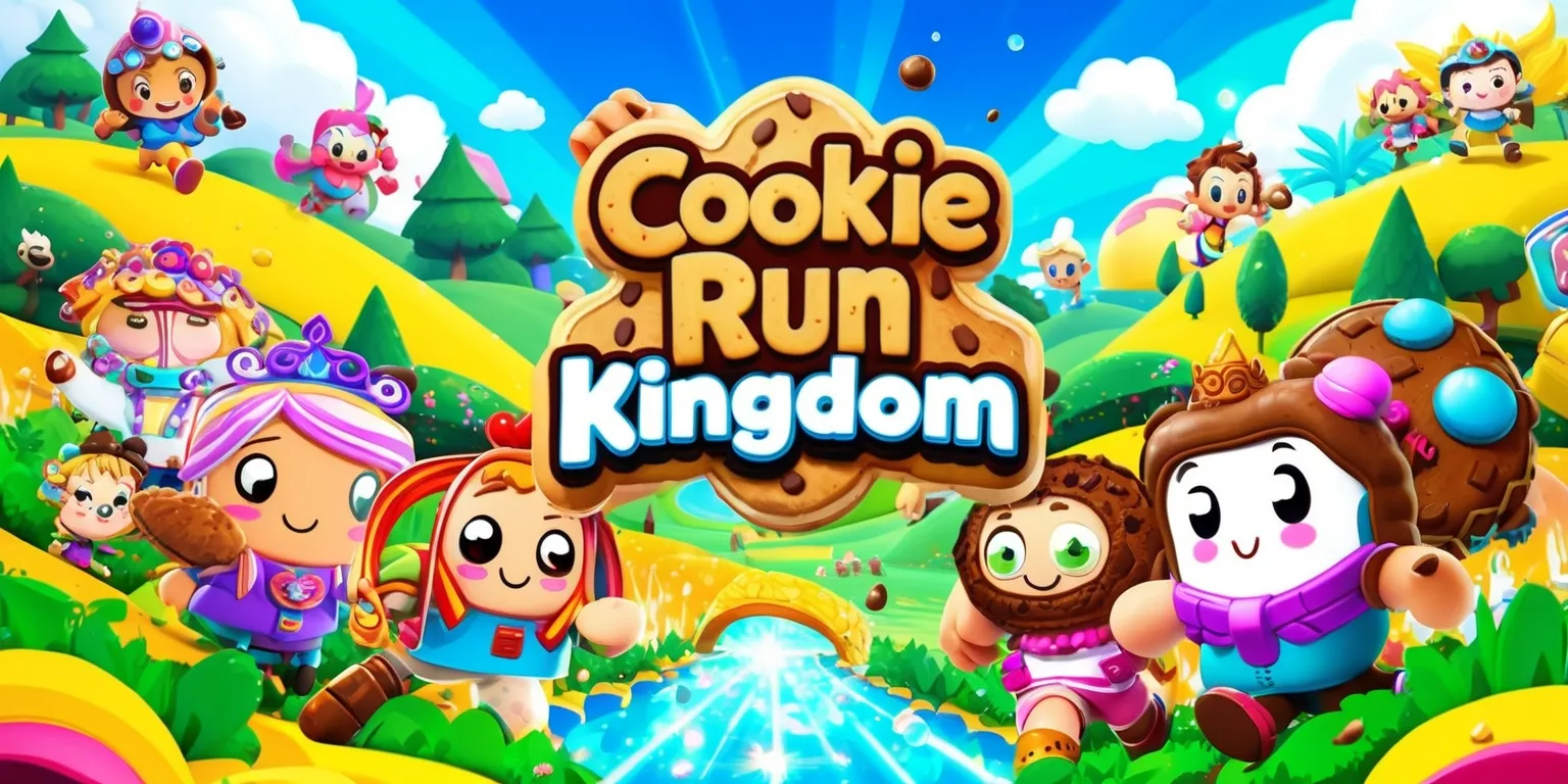A vibrant and colorful digital illustration of the Cookie Run Kingdom game, featuring a variety of adorable cookie characters with distinct facial features and accessories, set against a lush and vibrant background with rolling hills, trees, and sparkling water, with a bright blue sky and fluffy white clouds, incorporating a mix of warm and cool colors, including pastel shades, with bold lines and textures, and a dynamic composition that showcases the game's whimsical and fantastical elements, with detailed environments and characters, and a sense of movement and energy, highlighting the game's unique and imaginative world, with intricate details and patterns, and a lively and engaging atmosphere.