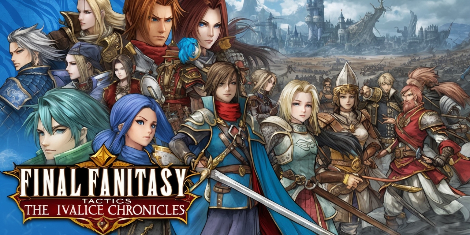 A detailed illustration of a scene from Final Fantasy Tactics The Ivalice Chronicles game, featuring a mix of medieval and fantasy elements, with a focus on the game's unique character classes and jobs, set against a backdrop of a war-torn Ivalice landscape, with characters having varied facial features, skin colors, and unique attributes, and incorporating the game's distinctive visual style, with a color palette that blends vibrant hues of blue, red, and gold, and including text or logos in a bold, fantastical font, with the overall composition conveying a sense of strategy and adventure, and capturing the essence of the game's engaging storyline and deep characters.