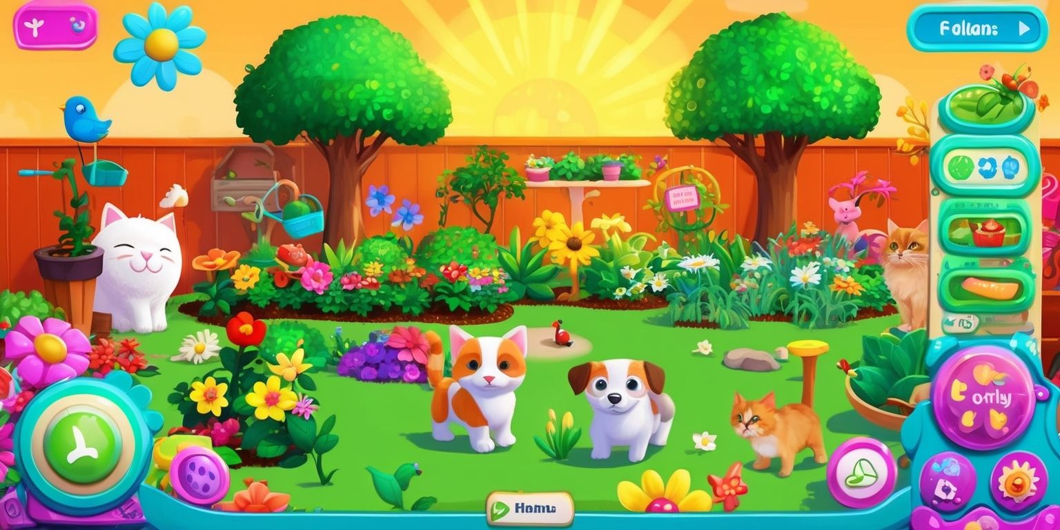A vibrant and detailed illustration of a virtual garden and pet care scene, set against a warm and sunny backdrop, with a variety of colorful flowers, lush green trees, and a few adorable pets, such as cats, dogs, and birds, all seamlessly integrated into a fun and interactive gaming environment, with gardening tools, pet accessories, and other interactive elements, including a user interface with buttons, menus, and possibly a virtual character, all designed in a playful, whimsical, and highly engaging style, with bold lines, bright colors, and intricate textures, inviting players to explore, learn, and have fun while taking care of their virtual garden and pets.