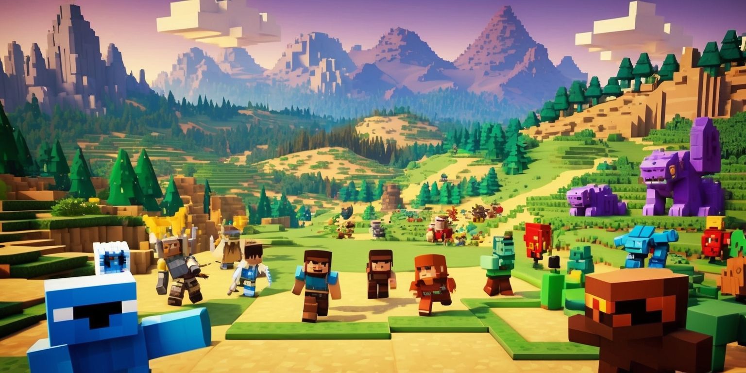 A vibrant, high-fantasy game scene from Hytale, featuring a sprawling landscape with rolling hills, dense forests, and majestic mountains in the background, with a variety of blocky, pixelated creatures and characters in the foreground, including brave adventurers, fierce monsters, and ancient magical beings, all rendered in a colorful, low-resolution style reminiscent of classic sandbox games, with a mix of earthy tones, such as brown, green, and beige, and brighter, more vivid colors, like blue, red, and yellow, and a sense of dynamic movement and energy, as if the scene is unfolding in real-time, with intricate details and textures visible throughout the environment and characters.