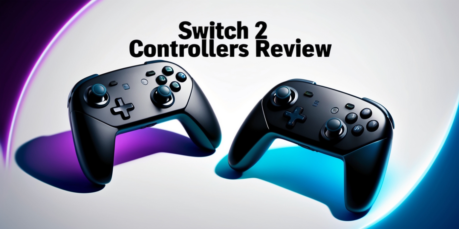 A modern, high-contrast illustration of two sleek gaming controllers, side by side, on a clean, minimalist background, with a subtle gradient of bright, electric blue and deep, rich purple hues, evoking a sense of dynamism and competition, as if they're ready to be grabbed and used in a high-stakes tournament, with the controller's buttons, joysticks, and textures rendered in sharp, precise detail, surrounded by a thin, white highlight, to make them pop against the darker background, accompanied by a bold, sans-serif font, with the review article's title Switch 2 Controllers Review in a curved line above the controllers, with the font size gradually increasing from the top to the bottom, to draw attention to the main topic, and a few subtle, glowing accents to give the image a modern, techy vibe.