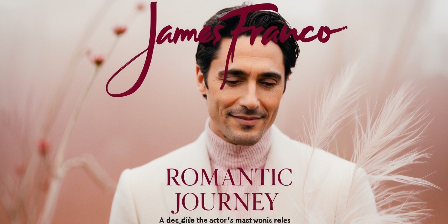 A minimalist magazine cover featuring James Franco as the main subject, with a dreamy, soft-focus background that conveys a sense of romance and vulnerability, dominating the upper two-thirds of the frame in a warm, muted color palette of dusty pinks, mauves, and creamy whites, evoking a sense of nostalgia and timelessness; James Franco's facial features are relaxed, with a slight, enigmatic smile, his skin tone a warm, golden brown, his eyes cast downward, lost in thought, surrounded by subtle, feathery texture, suggesting an ethereal quality; the title Romantic Journey is emblazoned in bold, cursive script across the top of the cover, in a rich, deep crimson that pops against the softer hues, while the tagline A Deep Dive into the Actor's Most Iconic Roles is written in smaller, yet elegant, serif font at the bottom of the frame, in a dark, muted gray that provides subtle contrast.