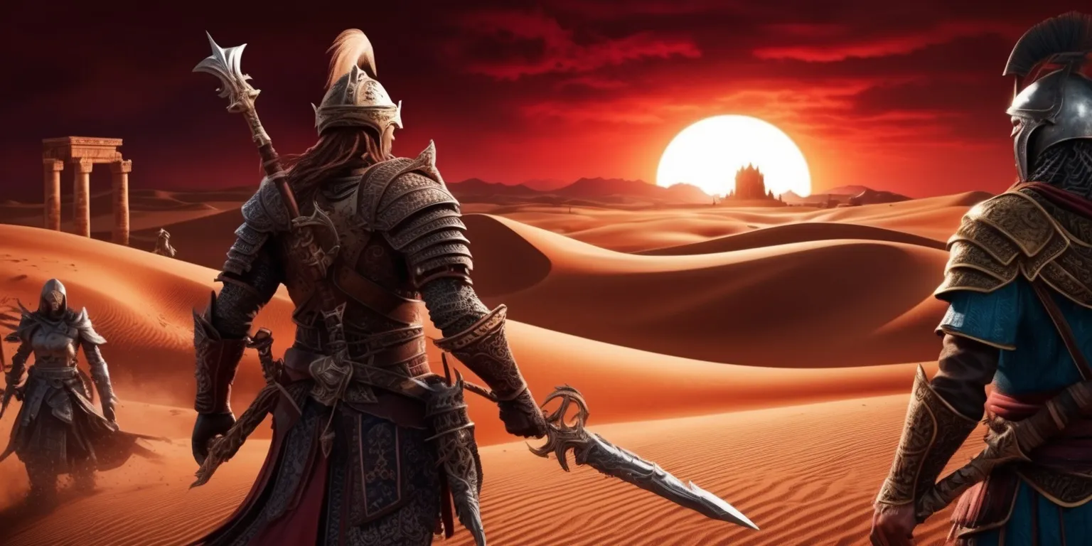 A dramatic scene from the Crimson Desert game, featuring a mesmerizing desert landscape with vast sand dunes and a deep crimson sky, illuminated by a setting sun casting a warm orange glow, with intricately designed characters in the foreground, showcasing a mix of medieval and fantasy elements, adorned with intricate armor and weapons, set against a backdrop of ancient ruins and mysterious artifacts, with a focus on showcasing the game's unique art style and attention to detail, blending fantasy and reality in a captivating visual representation.