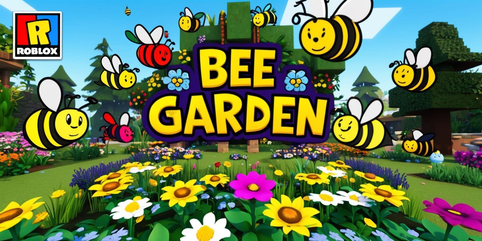 A vibrant digital illustration of a Bee Garden in the popular online game Roblox, featuring a colorful and lively environment with various bees flying around, surrounded by floral arrangements and trees, with a clear blue sky in the background, the style is reminiscent of a cartoon with bold lines and bright colors, the Roblox game logo is visible in the top left corner, the overall layout is dynamic with elements of nature and fantasy, the bees are depicted in different colors and sizes, with some having distinctive stripes or patterns, the garden is filled with a variety of flowers, including sunflowers, daisies, and lavender, with a few Roblox game characters visible in the distance.