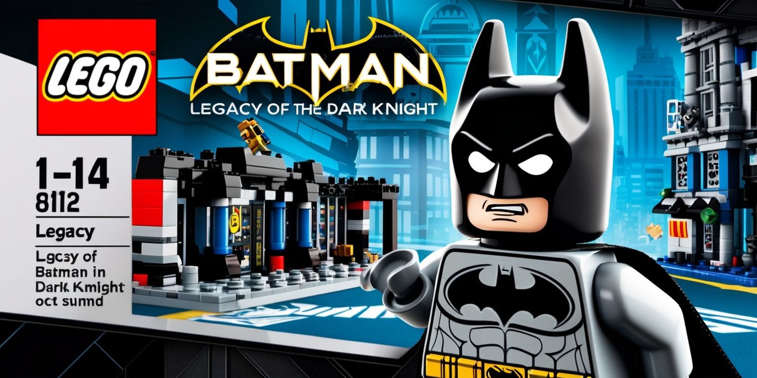 A detailed illustration of the Lego Batman: Legacy of the Dark Knight game, featuring the iconic superhero Batman in his Lego form, set against a vibrant Gotham City backdrop with a mix of dark blues and greys, incorporating stylized Lego bricks and structures, with a bold and dynamic color scheme, and a layout that showcases the game's action-packed gameplay, including Batman's facial features with a determined expression, and his skin tone being a pale complexion, wearing his signature black and grey Lego Batsuit, with the Lego logo and game title prominently displayed in a modern, sleek font style, with sharp lines and bright colors.