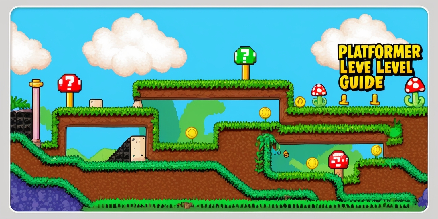 A colorful digital illustration of a platformer game level guide, set against a bright blue sky with fluffy white clouds, featuring a winding path with various obstacles and power-ups, such as mushrooms, coins, and question mark blocks, with a mix of green grassy terrain and brown rocky surfaces, including a few pipes and Piranha Plants, all presented in a nostalgic 8-bit or 16-bit style with bold lines and vibrant colors, and in the background, a subtle gradient of blues and purples to represent depth, with the level guide displayed in a clean, easy-to-read font, possibly with arrows and symbols to indicate the player's progression and goals, and the overall composition is framed by a thin white border with a slight drop shadow to give it a sense of depth.