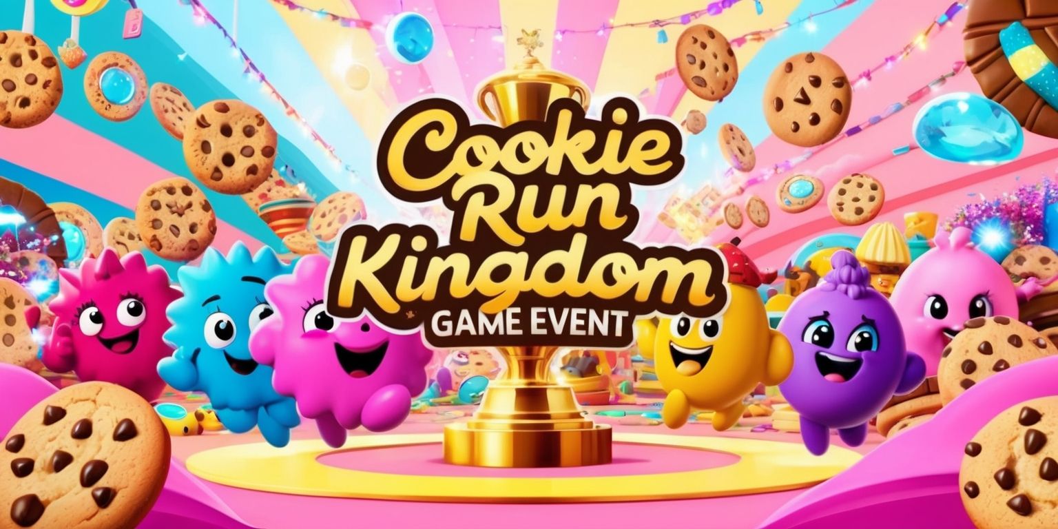 A vibrant and colorful digital illustration of a Cookie Run Kingdom game event, featuring a lively and bustling scene with various beloved cookie characters, each with distinct facial features and expressive skin colors, set against a bright and warm background with pastel hues of pink, blue, and yellow, with bold lines and dynamic shapes, and a mix of 2D and 3D elements, including glittering decorations, shimmering lights, and mouthwatering cookies, with the game's logo prominently displayed in a modern, cursive font with golden colors, and a sense of excitement and joy emanating from the entire scene, with cookies and treasures scattered throughout, and a large, shiny trophy or prize at the center, symbolizing the event's grandeur and excitement.