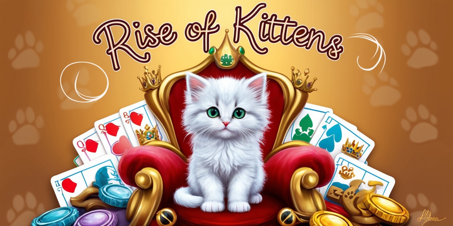 A whimsical, fantasy artwork depicting the Rise of Kittens game, set against a warm, golden background with subtle, gradient-like cat paw prints. The central focus is a regal, white kitten with bright, emerald green eyes, sitting upon a plush, ornate throne, with a delicate, sparkling crown on its head. The kitten's fur is fluffy and well-groomed, with a few loose strands framing its adorable face. Surrounding the throne are various game elements, such as colorful, oversized playing cards, shiny coins, and intricately carved, wooden game pieces, all adorned with feline motifs. The overall aesthetic is playful, vibrant, and inviting, with bold lines, soft textures, and a mix of realistic and stylized elements. The title Rise of Kittens is emblazoned across the top of the image in bold, curly, handwritten script, with a few stray cat hairs playfully entwined around the letters.