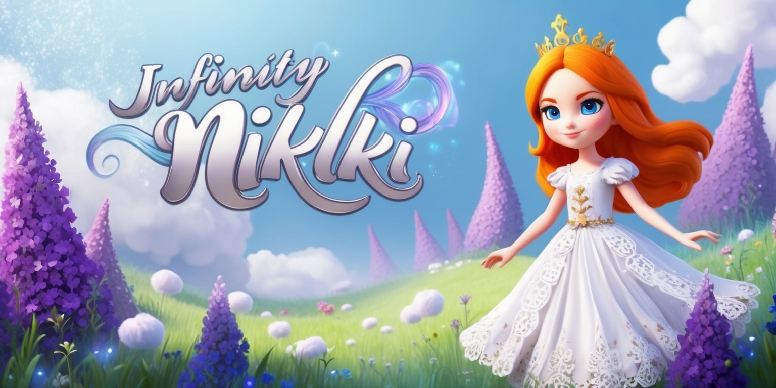 A whimsical illustration of the fantastical world from the Infinity Nikki game, featuring Nikki, the protagonist, standing in a vibrant meadow filled with fluffy white clouds and towering purple flowers, surrounded by hints of magical mist and twinkling stars, with her signature orange hair and bright blue eyes, wearing a flowing white dress with intricate lace details and a delicate golden crown, against a soft, gradient blue background that transitions into a subtle, shimmering night sky, with the game's title Infinity Nikki written in bold, cursive script with flourishes, in shimmering silver letters that seem to float above the scenery, evoking a sense of wonder and enchantment.