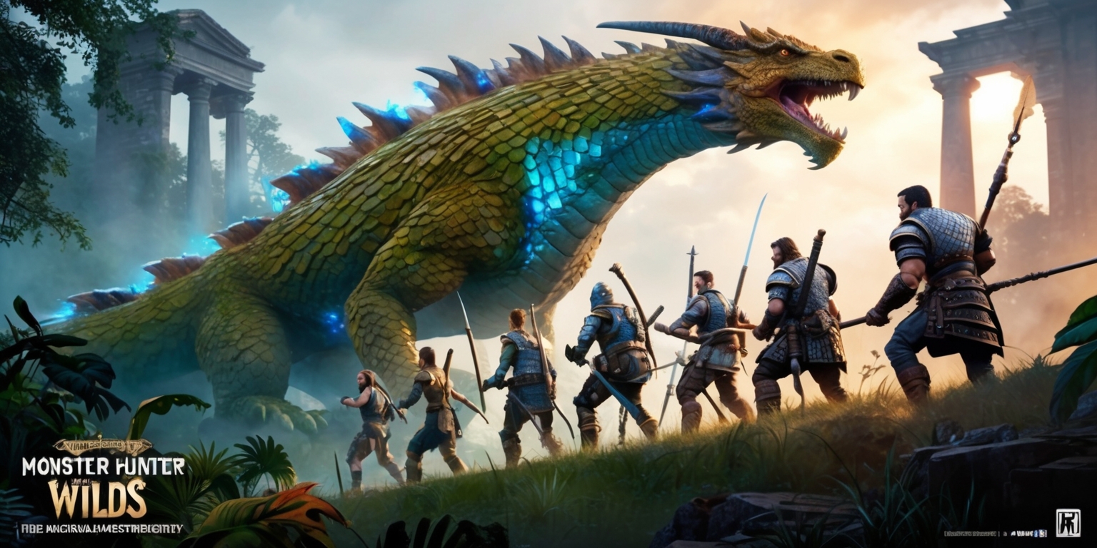 A lavish illustration of a fantasy world inspired by the Monster Hunter Wilds game, featuring a dynamic composition with a massive, scale-covered dragon-like creature, its body a mix of earthy tones and mossy greens, with glowing blue accents, set against a misty, atmospheric background with lush foliage and ancient ruins. In the foreground, a group of skilled hunters, each with unique armor and weaponry, stand ready to battle the beast, with determined expressions and diverse skin tones. The hunters' attire showcases a blend of functional, worn leather and intricately designed metal plating, with subtle weathering effects. The scene is bathed in warm, golden light, with hints of sunset orange and misty blues, evoking a sense of adventure and urgency. The illustration style is a mix of realistic textures and stylized, exaggerated features, with bold lines and vibrant colors.