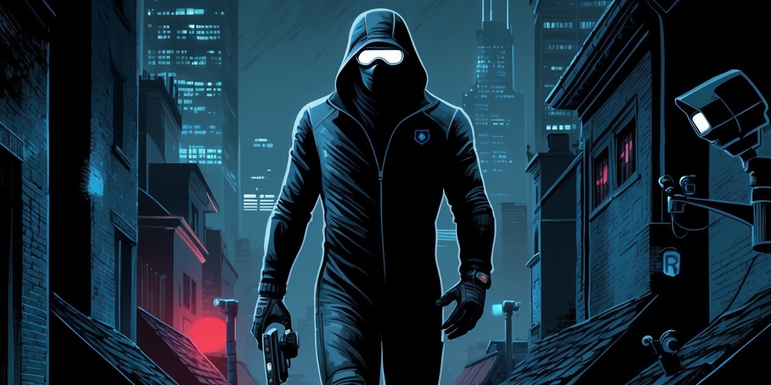 A gritty, high-contrast illustration of a shadowy figure, dressed in a sleek black jumpsuit, blending into the darkness of a cityscape at night, evoking a sense of tension and suspense, with neon lights from towering skyscrapers casting an eerie glow, the atmosphere thick with anticipation, the agent's face obscured by a hoodie, gloves, and a mask, with an earpiece and night vision goggles, holding a high-tech gadget in hand, amidst a backdrop of alleys, rooftops, and surveillance cameras, in a muted color palette of dark blues, greys, and blacks, with accents of red from distant streetlights, and subtle hints of futuristic tech integrated into the scenery.