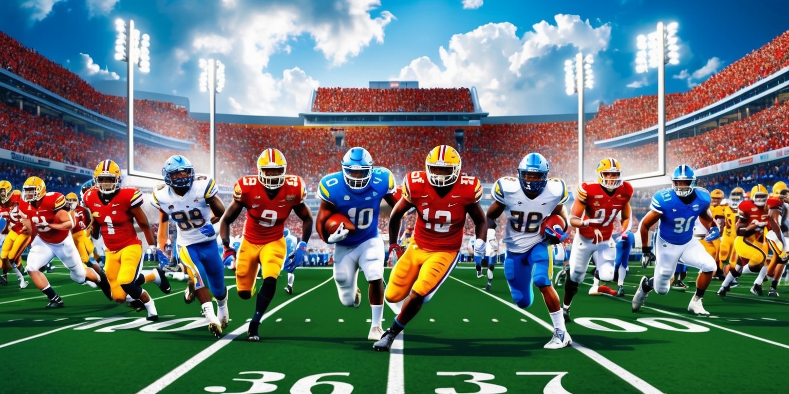 A vibrant and dynamic depiction of a college football game, with 26 players on the field, set against a backdrop of a packed stadium with a clear blue sky and fluffy white clouds, the players wearing colorful jerseys and helmets, with varying facial features, skin tones, and hairstyles, the football field marked with crisp white lines and numbering, the goalposts standing tall at each end, the atmosphere electric with excitement and anticipation, the players in mid-action, some running, others tackling, with a mix of dramatic lighting and shading to emphasize the intensity of the game.