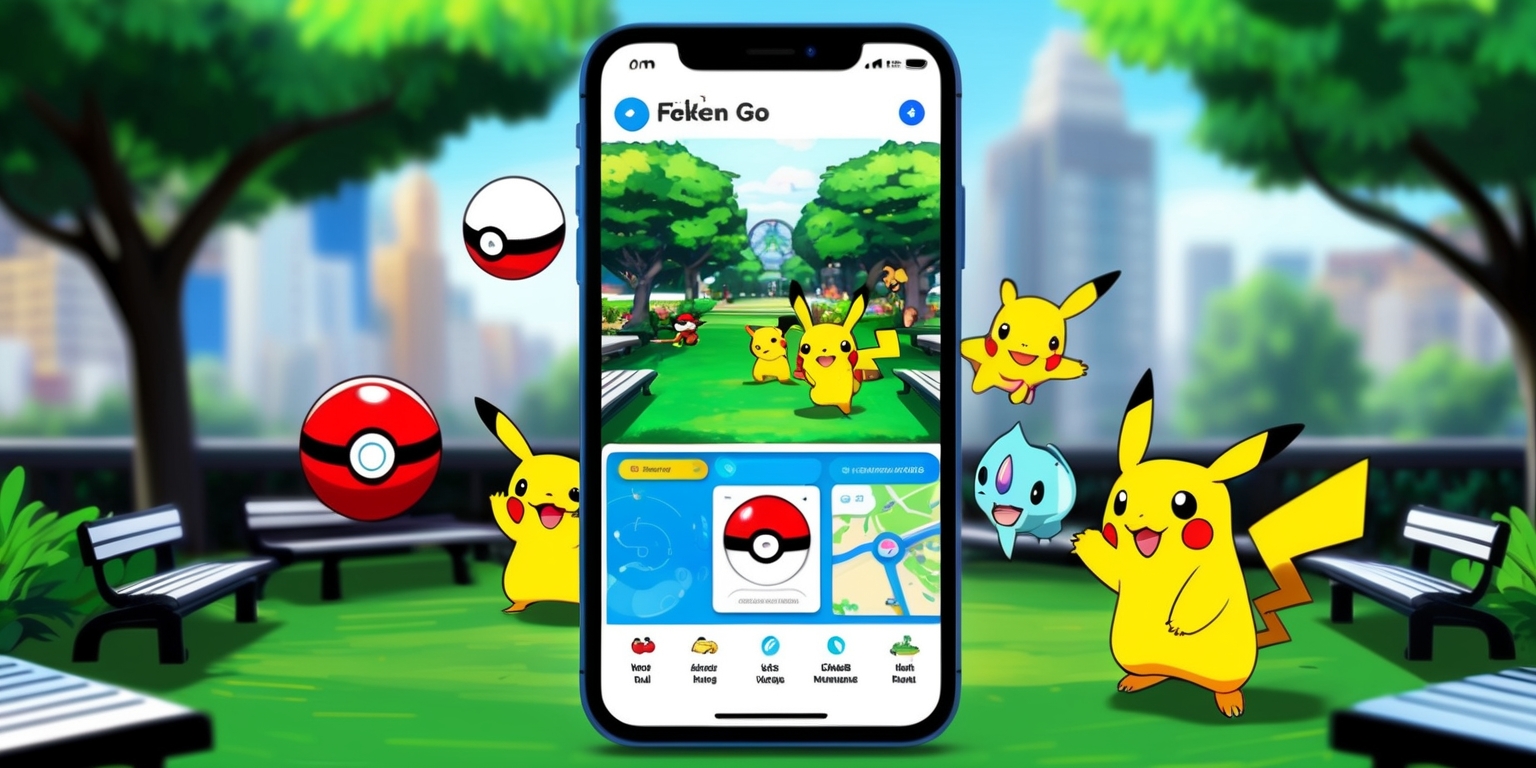 A vivid and colorful illustration of the Pokémon Go game, featuring a smartphone screen displaying the game's interface, set against a blurred background of a city park or a natural environment, with various Pokémon characters, such as Pikachu, Charmander, or Squirtle, roaming around or appearing on the screen, surrounded by lush greenery, trees, or urban elements like buildings, benches, or monuments, with the game's UI elements, like Poké Balls, maps, and menus, rendered in a clean, modern, and slightly futuristic style, with bold lines, bright colors, and subtle textures, evoking a sense of adventure, exploration, and fun.