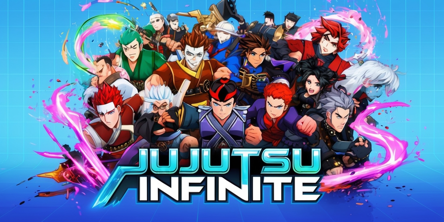 A vibrant and action-packed digital illustration depicting a bustling scene from the popular online game Jujutsu Kaisen merged with the iconic blocky aesthetic of Roblox, set against a bright, gradient blue background with subtle grid lines reminiscent of the Roblox game environment. The composition features a diverse group of characters from the Jujutsu Kaisen series, each with unique facial features, skin tones, and attire, posed dynamically amidst swirling cursed energy and bursts of colorful magical effects. The characters' outfits blend traditional Japanese clothing with modern, edgy elements, while their facial expressions convey a sense of intensity, focus, and camaraderie. In the foreground, bold, stylized text reads Jujutsu Infinite in a futuristic, metallic font with a neon glow, accompanied by the recognizable Roblox logo in its signature bright blue and white color scheme.