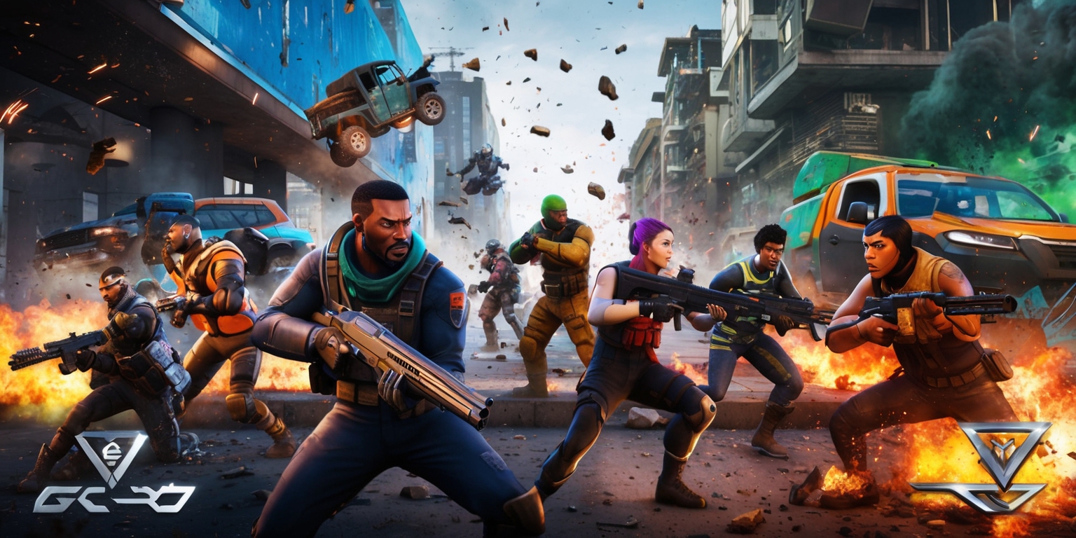 A fast-paced multiplayer shooter game scene with several players engaged in intense combat, set in a gritty, urban environment with a mix of modern and futuristic elements, featuring a diverse cast of characters with unique skin tones, facial features, and distinctive costumes, surrounded by exploding vehicles, ruined buildings, and flying debris, with a vibrant color palette of deep blues, fiery oranges, and neon greens, and a dynamic layout that emphasizes the chaos and energy of the game, with bold, sans-serif fonts and sleek, metallic logos of the game's title and player tags, and a shallow depth of field to focus attention on the action-packed foreground.